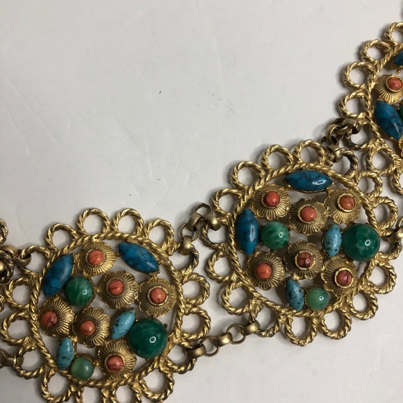Kenneth Jay Lane KJL Cabochon Coral Turquoise Jade Glass Flower Chain Brass Belt